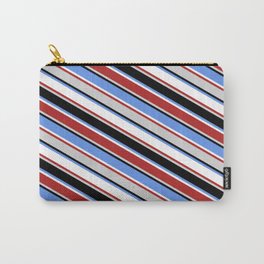 [ Thumbnail: Eyecatching Cornflower Blue, White, Red, Light Gray & Black Colored Lined/Striped Pattern Carry-All Pouch ]