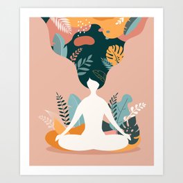 Mindfulness, meditation and yoga background in pastel vintage colors with women sit with crossed leg Art Print