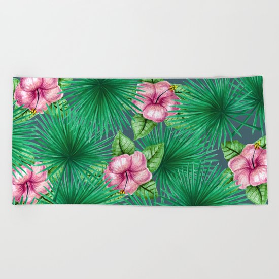 Jungle Love, Palm Leaves And Hibiscus Beach Towel