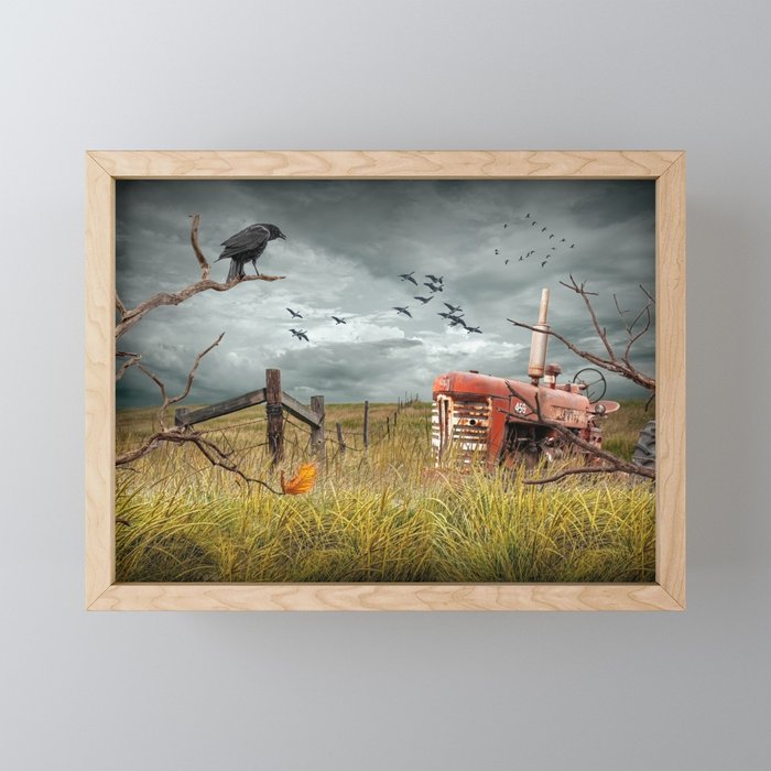 Abandoned Red Tractor in a Prairie Field with Perched Crow and Flying Geese Framed Mini Art Print