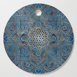 Flower of Life in Lotus Mandala - Blue Marble and Gold Cutting Board
