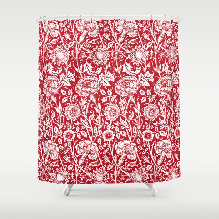 William Morris Floral Pattern | “Pink and Rose” in Red and White | Vintage Flower Patterns | Shower Curtain