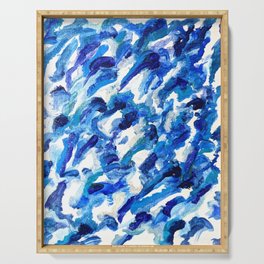 Turbulent Waves Original Abstract Oil Painting on Canvas, Blue, Silver 8x10in Serving Tray