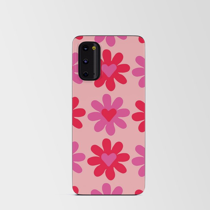 Pink and Red Retro Flowers with Hearts Pattern, Indie Decor - Preppy Aesthetic Android Card Case