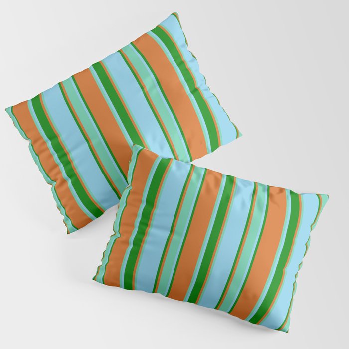Chocolate, Aquamarine, Sky Blue & Green Colored Stripes Pattern Pillow Sham