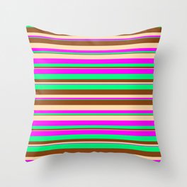 [ Thumbnail: Tan, Fuchsia, Green & Brown Colored Striped Pattern Throw Pillow ]