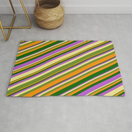 [ Thumbnail: Tan, Green, Dark Orange, Dark Green & Orchid Colored Lines Pattern Rug ]