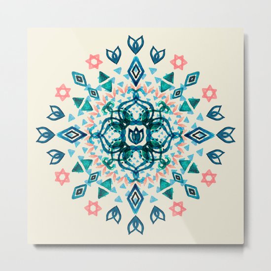 Watercolor Lotus Mandala in Teal & Salmon Pink Metal Print