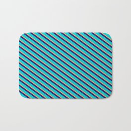 [ Thumbnail: Dark Turquoise, Brown & Midnight Blue Colored Stripes/Lines Pattern Bath Mat ]