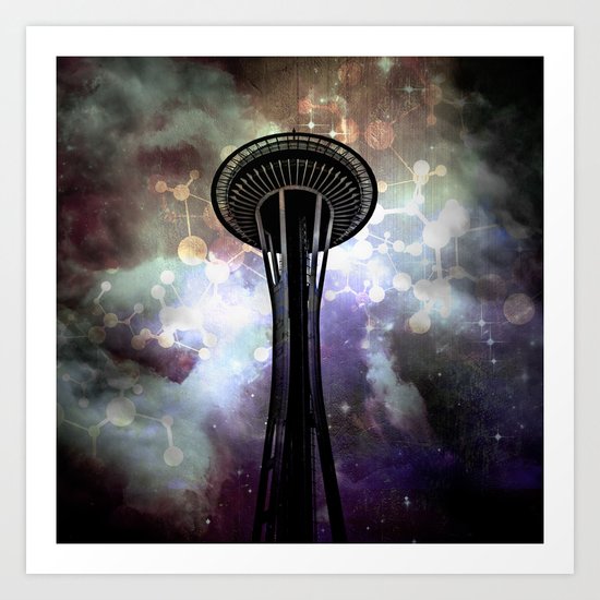 Space Needle - Seattle Stars and Clouds at Night Art Print