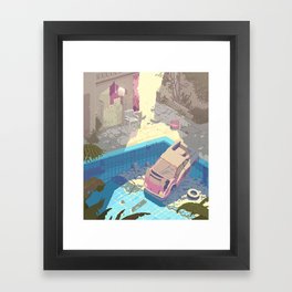 Abandoned swimming pool - Pixel art by Romain Courtois Framed Art Print | Painting, Digital, Pixelart, Romaincourtois, Landscape, Car, Abandonned, Oriental, Vapor, Art 