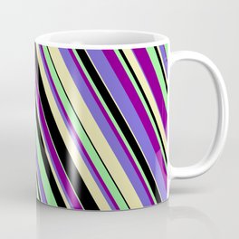 [ Thumbnail: Light Green, Purple, Slate Blue, Pale Goldenrod, and Black Colored Lines/Stripes Pattern Coffee Mug ]