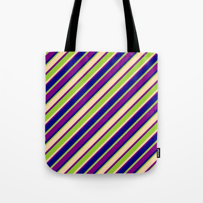 Green, Tan, Purple & Blue Colored Lined Pattern Tote Bag