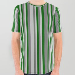 [ Thumbnail: Grey, Light Grey & Dark Green Colored Striped Pattern All Over Graphic Tee ]