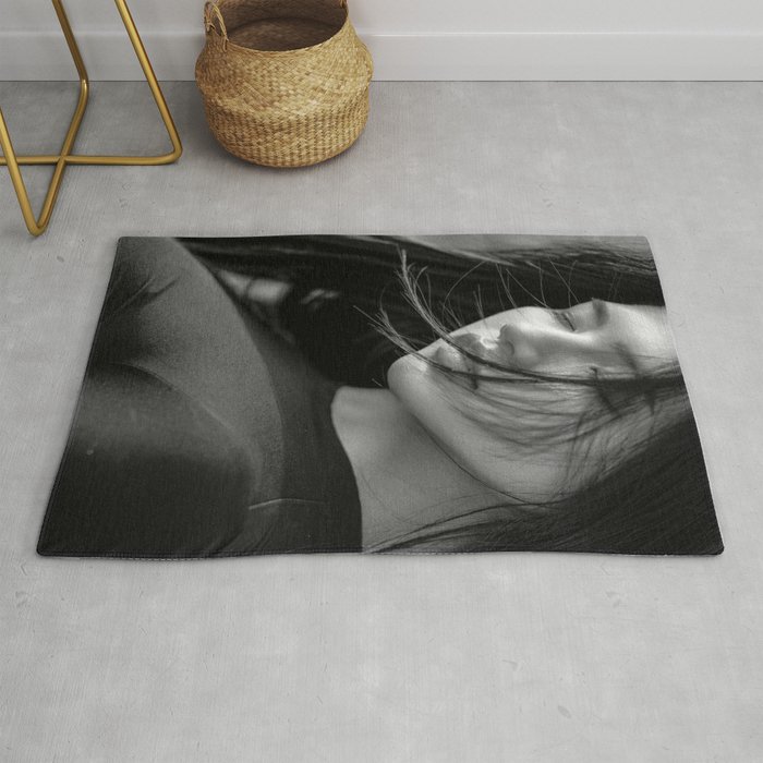A place only you and I know; female brunette dreaming portrait black and white photograph - photography - photographs Rug