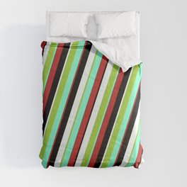 [ Thumbnail: Eyecatching Green, Aquamarine, Red, Black & Mint Cream Colored Stripes/Lines Pattern Comforter ]