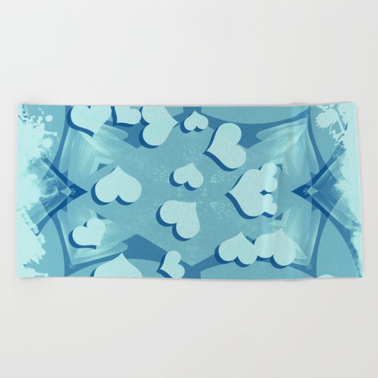 Grunge floating hearts in blue Beach Towel