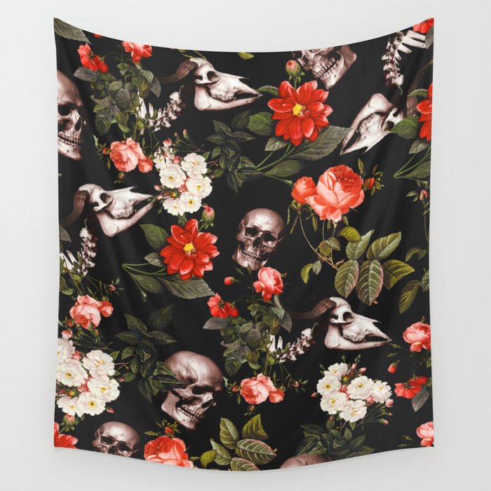 Floral and Skull Pattern Wall Tapestry