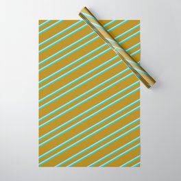 [ Thumbnail: Dark Goldenrod, Light Blue, and Dark Turquoise Colored Lined/Striped Pattern Wrapping Paper ]