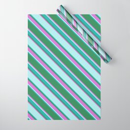 [ Thumbnail: Sea Green, Orchid, Turquoise & Light Sea Green Colored Lined Pattern Wrapping Paper ]