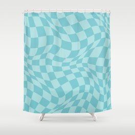 Warped Checkered Pattern in Aqua Blue, Wavy Checkerboard Shower Curtain