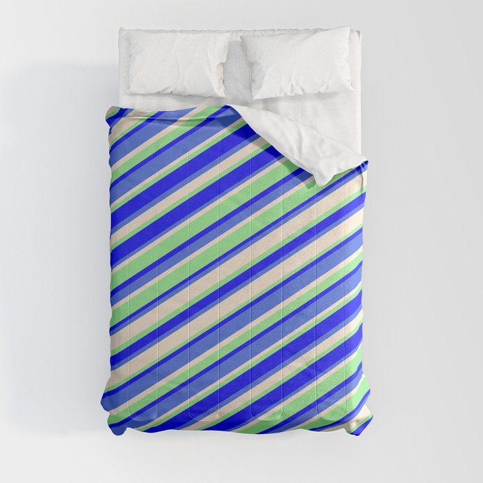 Light Green, Blue, Royal Blue & Beige Colored Striped/Lined Pattern Comforter