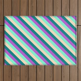 [ Thumbnail: Teal, Orchid, Aquamarine & Bisque Colored Stripes Pattern Outdoor Rug ]