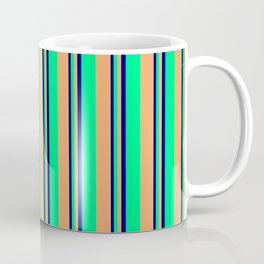 [ Thumbnail: Blue, Green & Brown Colored Lines/Stripes Pattern Coffee Mug ]