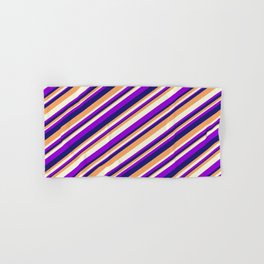 [ Thumbnail: Dark Violet, Midnight Blue, Brown, and Beige Colored Striped Pattern Hand & Bath Towel ]