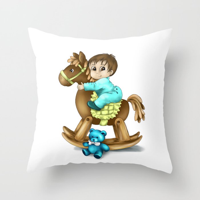 Little boy riding on a play horse Throw Pillow