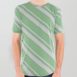 [ Thumbnail: Light Grey & Dark Sea Green Colored Stripes Pattern All Over Graphic Tee ]
