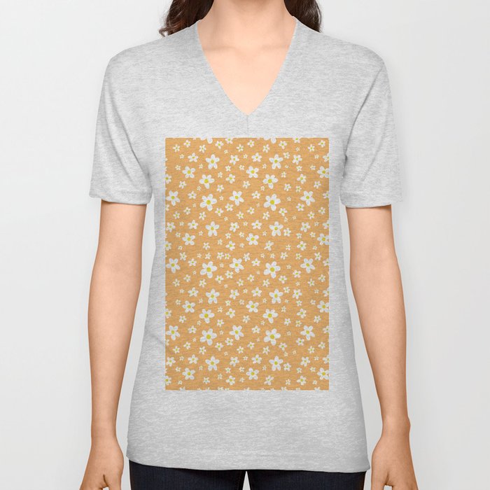 White Daisies Pattern - Orange V Neck T Shirt