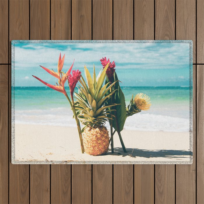 Pineapple Beach Hawaii Tropical Flowers Outdoor Rug