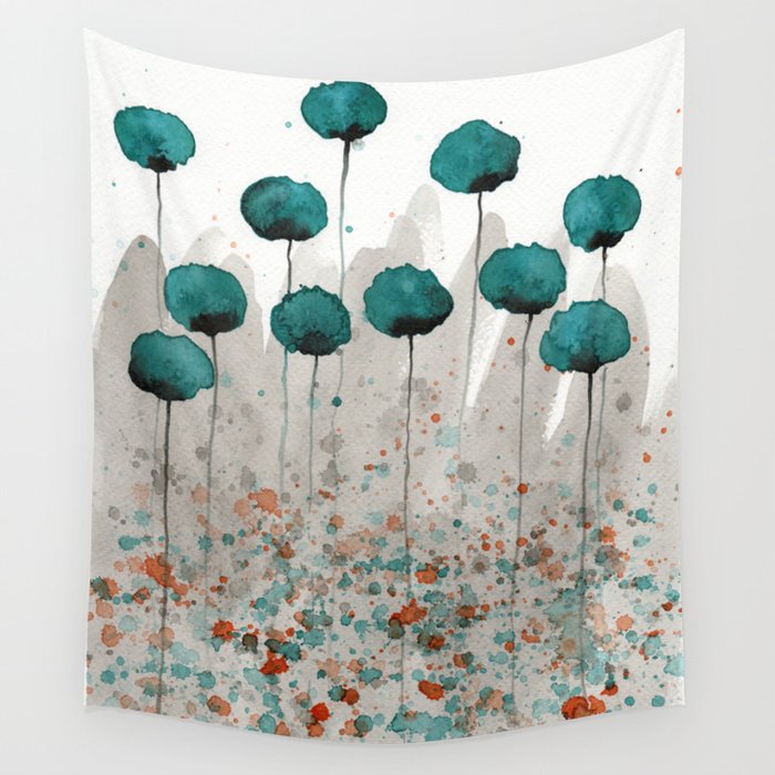 Teal and Gray Poppies Wall Tapestry