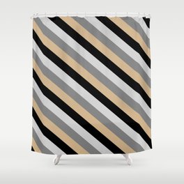 [ Thumbnail: Tan, Black, Light Grey, and Gray Colored Lined/Striped Pattern Shower Curtain ]