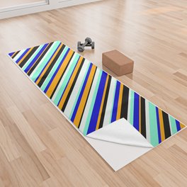 [ Thumbnail: Vibrant Mint Cream, Black, Orange, Blue & Aquamarine Colored Lined/Striped Pattern Yoga Towel ]