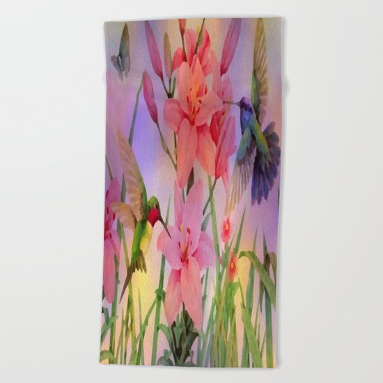 Painterly Hummingbirds And Flowers Beach Towel