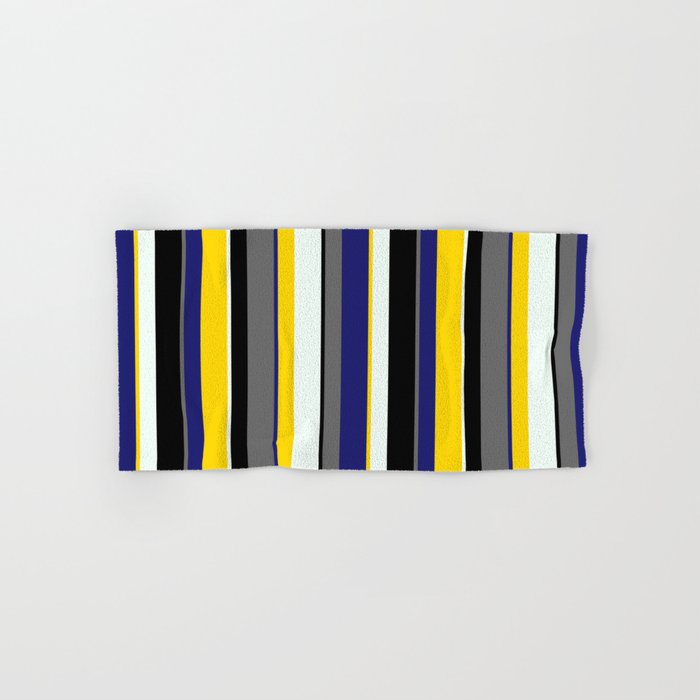 Eyecatching Mint Cream, Yellow, Midnight Blue, Dim Gray & Black Colored Pattern of Stripes Hand & Bath Towel
