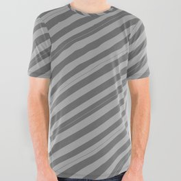 [ Thumbnail: Dark Grey and Dim Gray Colored Lined Pattern All Over Graphic Tee ]