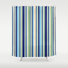 [ Thumbnail: Bisque, Dark Sea Green, Midnight Blue, and Sky Blue Colored Stripes Pattern Shower Curtain ]