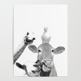 Black and White Farm Animal Friends Poster