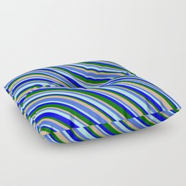 [ Thumbnail: Eye-catching Tan, Royal Blue, Turquoise, Blue & Dark Green Colored Pattern of Stripes Floor Pillow ]