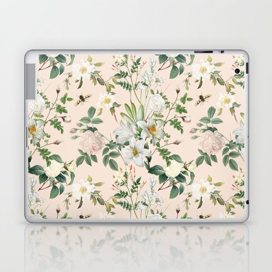 White Flowers Garden - Vintage Botanical Illustration collage at light pastel peach color   Laptop & iPad Skin