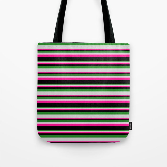 Forest Green, Light Gray, Deep Pink, and Black Colored Stripes Pattern Tote Bag