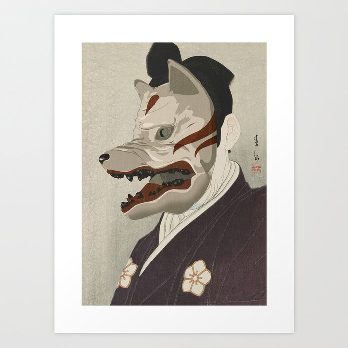 Ukiyo e Samurai With Wolf Mask Kitsune Art Print by kazegami Society6