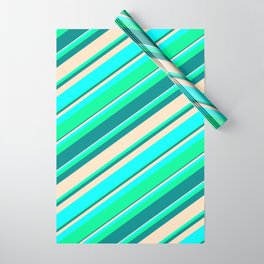 [ Thumbnail: Green, Dark Cyan, Bisque, and Aqua Colored Pattern of Stripes Wrapping Paper ]
