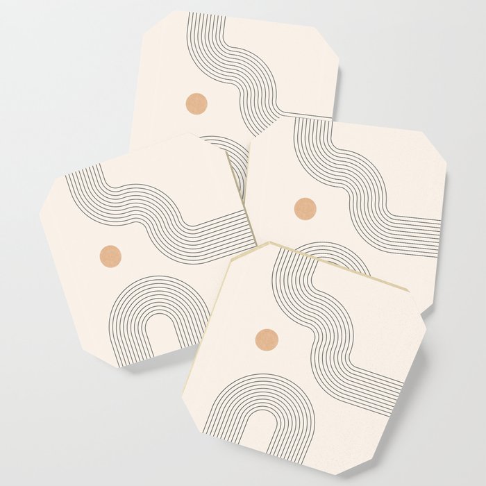 Geometric Arch Lines – Rainbow Lines, Mustard Circles, Stripes, Abstract Geometric Lines and Shapes Coaster