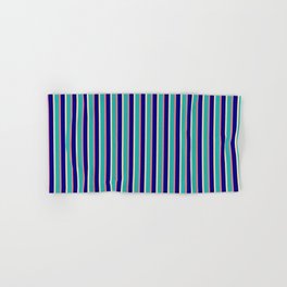 [ Thumbnail: Light Coral, Blue, Tan & Light Sea Green Colored Stripes/Lines Pattern Hand & Bath Towel ]