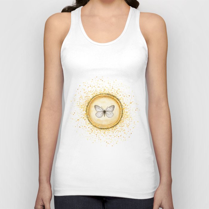 Hand-Drawn Butterfly Gold Circle Pendant Tank Top