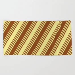 [ Thumbnail: Brown and Tan Colored Striped/Lined Pattern Beach Towel ]